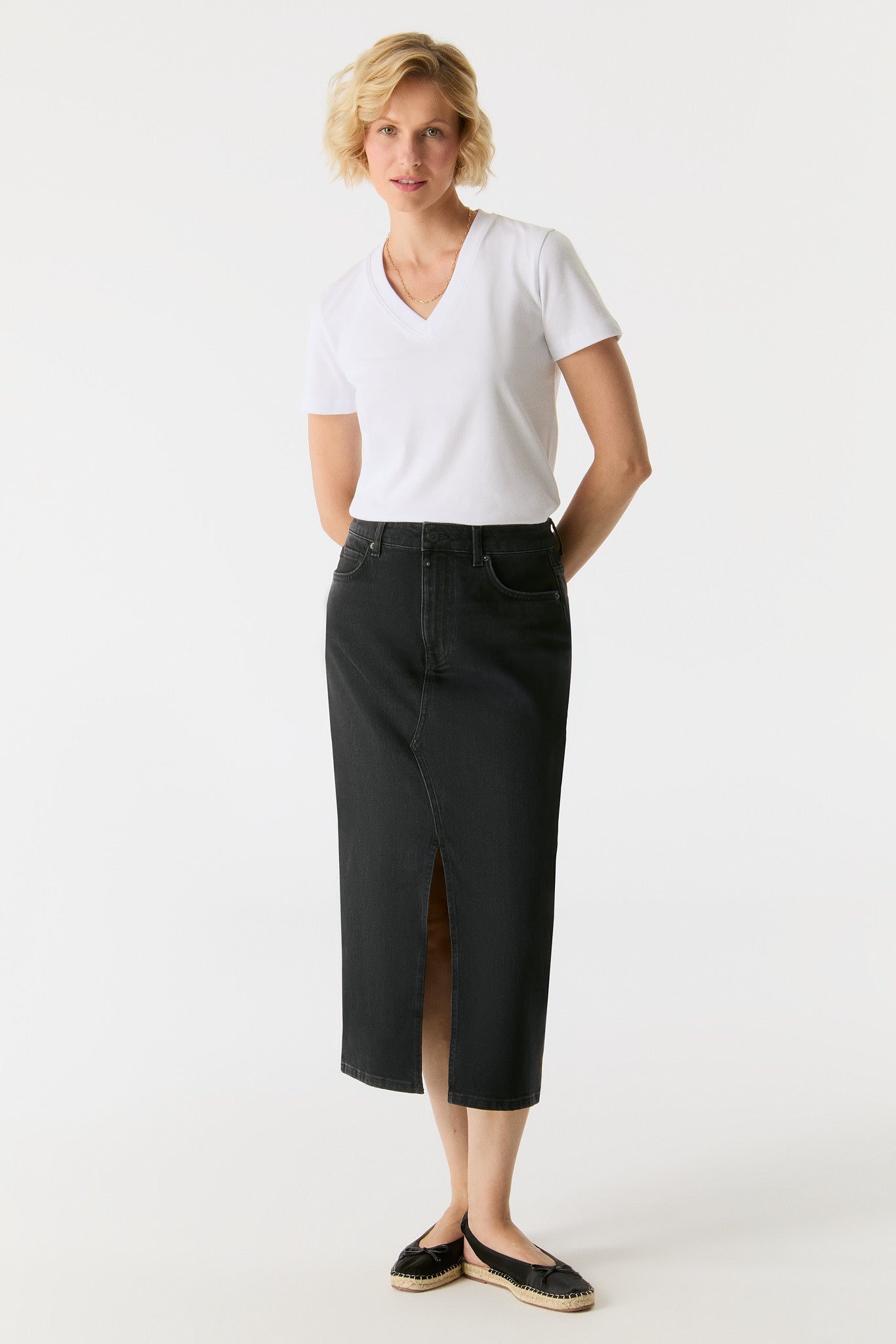 スカート Evelyn Long Denim Skirt BLACK Evelyn Mid Waist Long Length 5 Pocket Skirt Black VT – COJ Denim