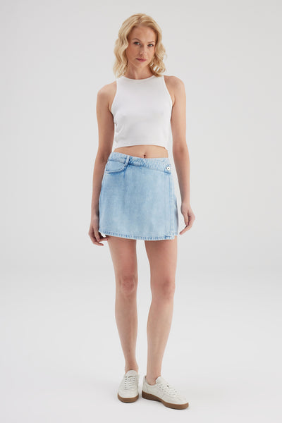 Cary High Waist Mini Length Elastic Waist Skort Light Blue