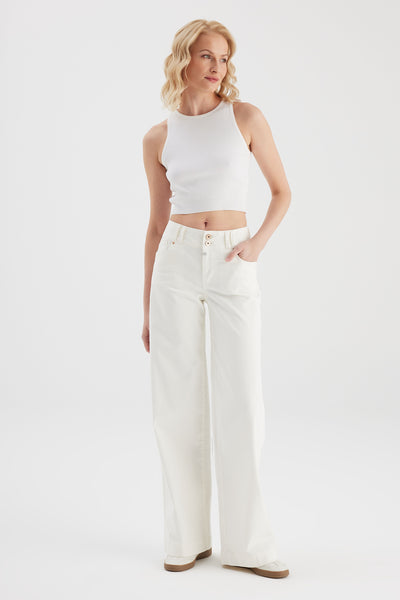 Carlotta Mid Waist Full Length 5 Pocket Jeans Off White