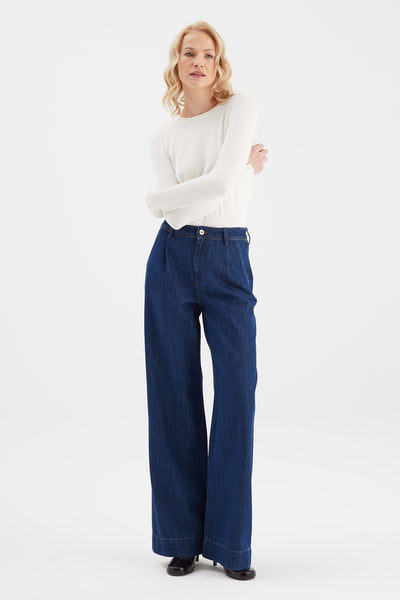 Giselle High Waist Full Length Pleated Chino Jeans Dark Blue