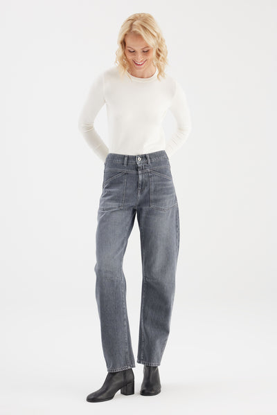 Selena Mid Waist Ankle Length Drop Crotch Patch Pocket Jeans Dark Grey Vintage