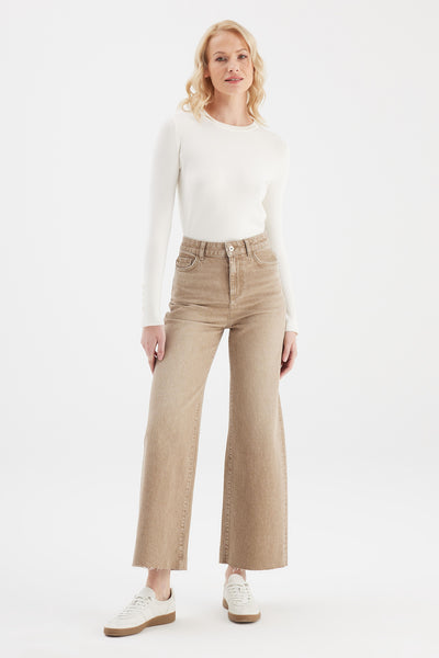 Aura High Waist Ankle Length Raw Edge 5 Pocket Trouser Peanut Denim