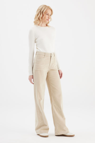 Mira Cord High Waist Full Length Trousers Light Sand