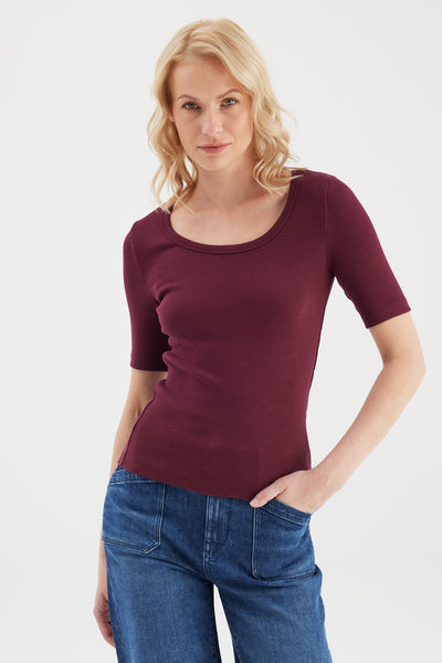 Alina Scoop Neck Short Sleeve Tshirt Burgundy