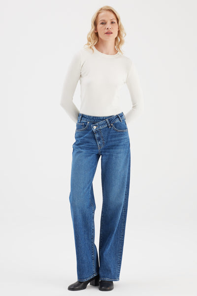 Cora Mid Waist Full Length 5 Pocket Jeans Dark Blue