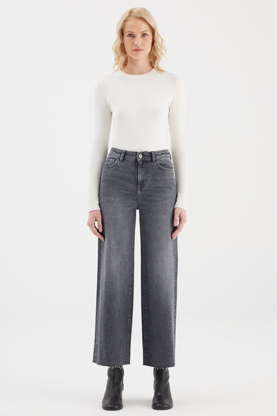 Aura High Waist Ankle Length Raw Edge 5 Pocket Jeans Dark Grey Vintage