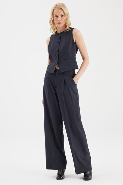 Cecilia High Waist Full Length Pleated Chino Trouser Navy