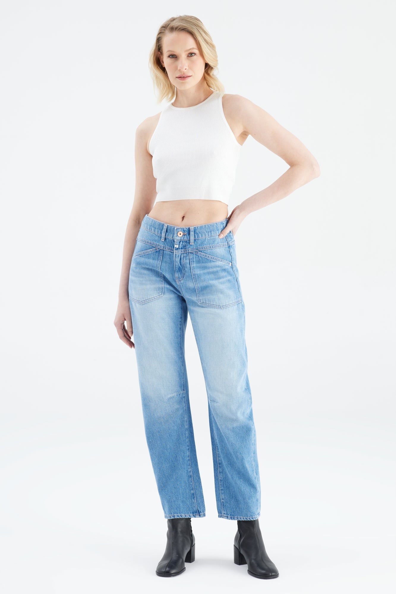 cup of joe denim Selena Mid Waist Ankle Length Drop Crotch Patch Pocket Jeans