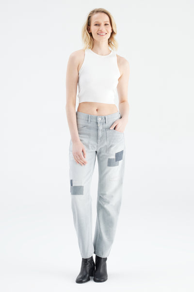 Selena Mid Waist Ankle Length Drop Crotch Patch Pocket Jeans Grey Patched