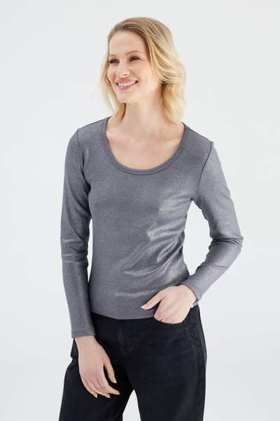 Dora Scoop Neck Long Sleeve Tshirt Dark Silver