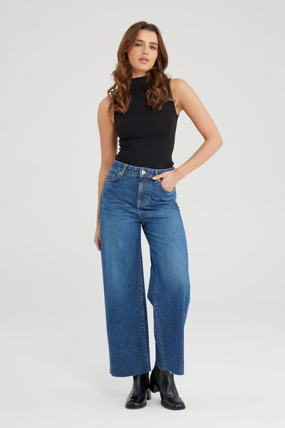 Aura High Waist Ankle Length Raw Edge 5 Pocket Jeans Dark Blue