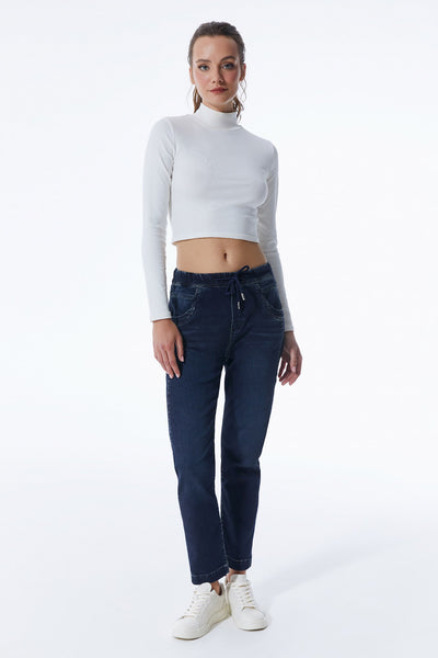 Ella Mid Waist Jogger 5 Pocket Ankle Jeans Dark Blue Denim