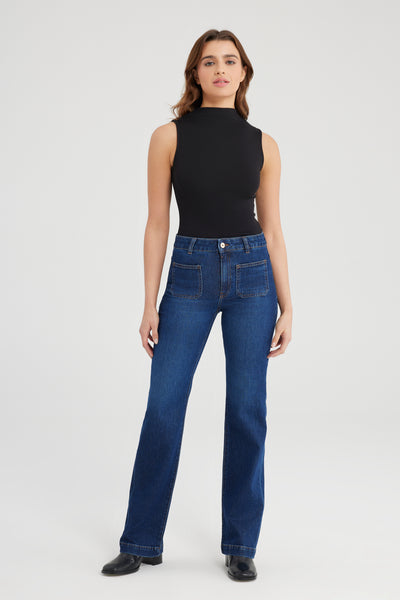 Diana High Waist Full Length Patch Pocket Jeans Dark Blue