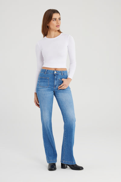 Diana High Waist Full Length Patch Pocket Jeans Medium Blue