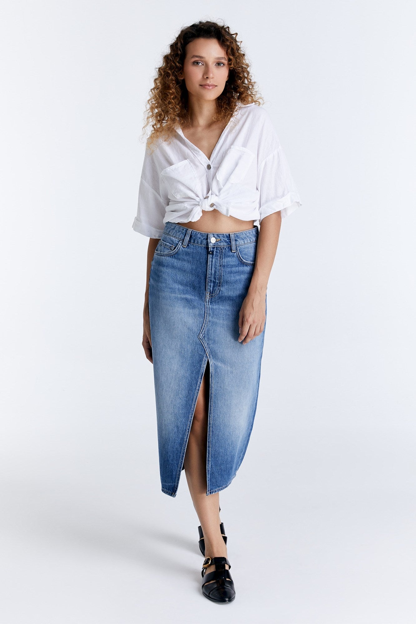cup of joe denim Helen Mid Waist Long Length 5 Pocket Skirt