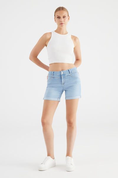 Jade Mid Waist Regular Length Turn-up 5 Pocket Shorts Light Blue