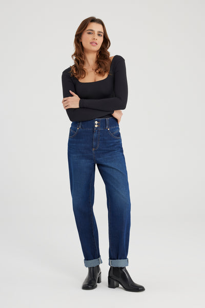 Jasmin High Waist Cropped Length Jogger 5 Pocket Jeans Dark Blue