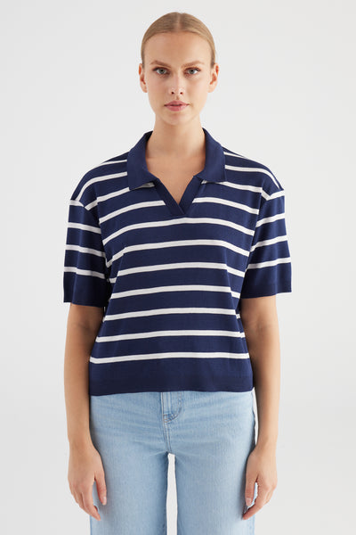 June Collared Short Sleeve Tshirt Striped Navy