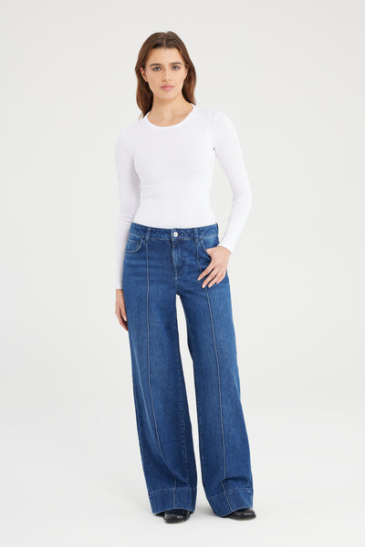Layla Mid Waist Full Length Pintuck 5 Pocket Jeans Dark Blue