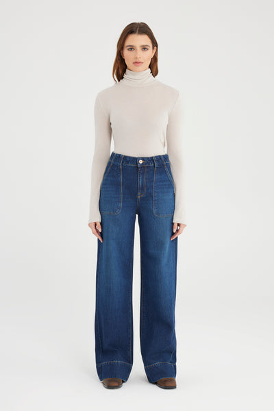 Lili High Waist Full Length Patch Pocket Jeans Dark Blue