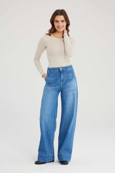 Lili High Waist Full Length Patch Pocket Jeans Medium Blue