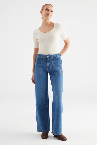 Lulu High Waist Full Length Patch Pocket Jeans Medium Blue