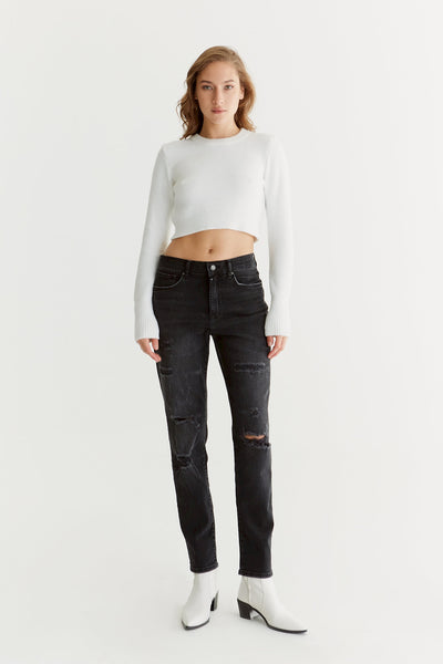 Lynn Mid Waist 5 Pocket Jeans Black Destroyed