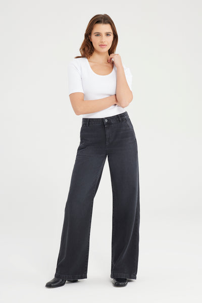 Maxine Mid Waist Full Length Drop Crotch Chino Jeans Black VT