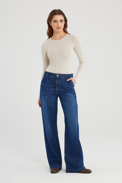 Maxine Mid Waist Full Length Drop Crotch Chino Jeans Dark Blue