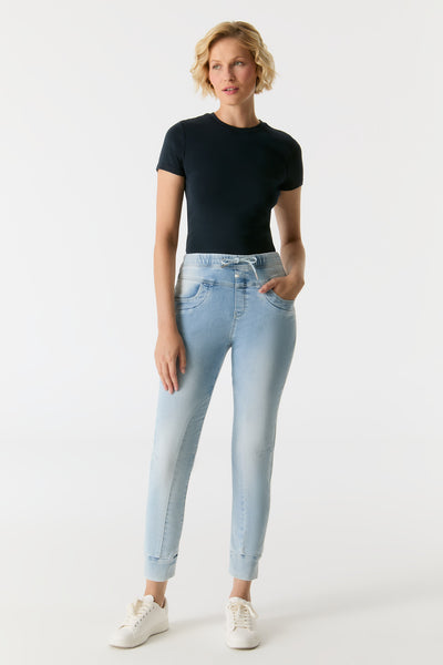 Mila Mid Waist Ankle Length Jogger 5 Pocket Jeans Aqua Blue