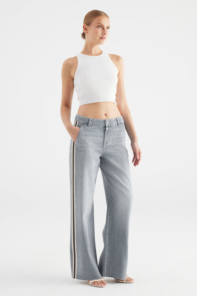 Maxine Tape Mid Waist Full Length Drop Crotch Chino Jeans Light Grey