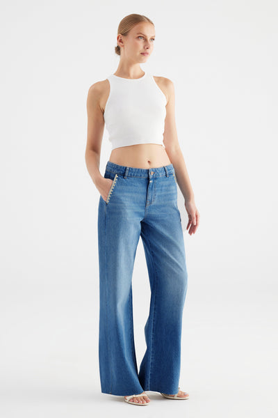 Maxine Strass Mid Waist Full Length Drop Crotch Chino Jeans Medium Blue