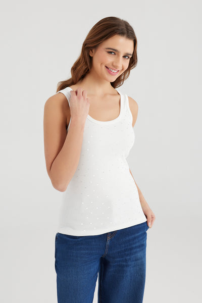 Olivia Crew Neck Tank Top White Strass