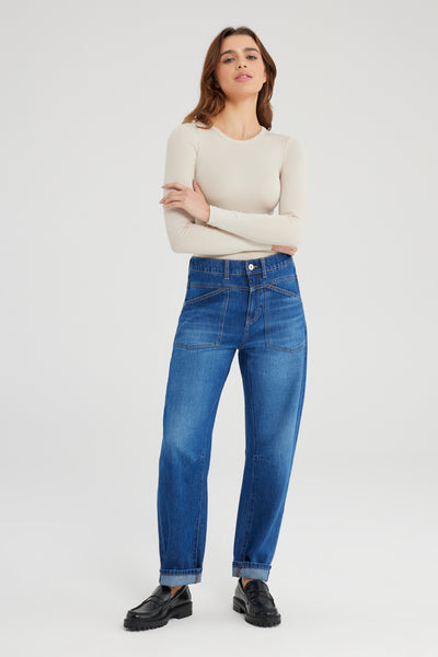 Selena Mid Waist Ankle Length Drop Crotch Patch Pocket Jeans Astra Blue