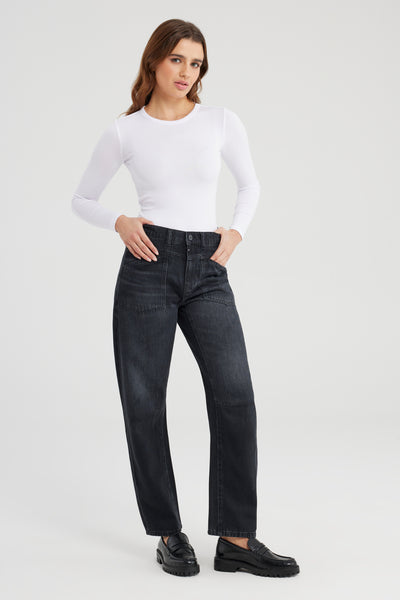 Selena Mid Waist Ankle Length Drop Crotch Patch Pocket Jeans Black VT