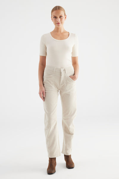 Selena Corduroy Mid Waist Ankle Length Drop Crotch Patch Pocket Pants Beige