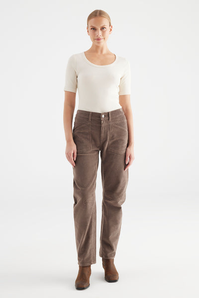 Selena Corduroy Mid Waist Ankle Length Drop Crotch Patch Pocket Pants Taupe