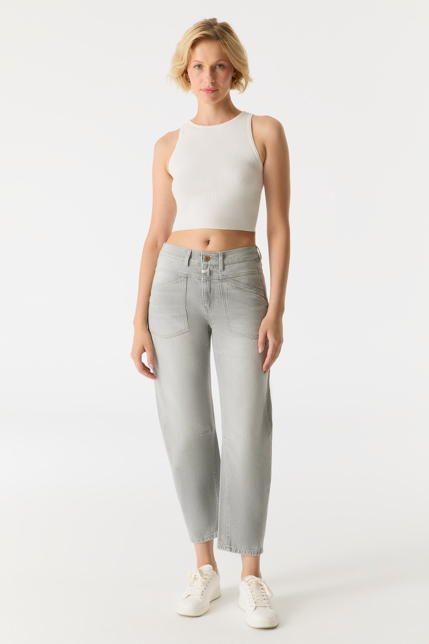 cup of joe denim Selena Mid Waist Ankle Length Drop Crotch Patch Pocket Jeans