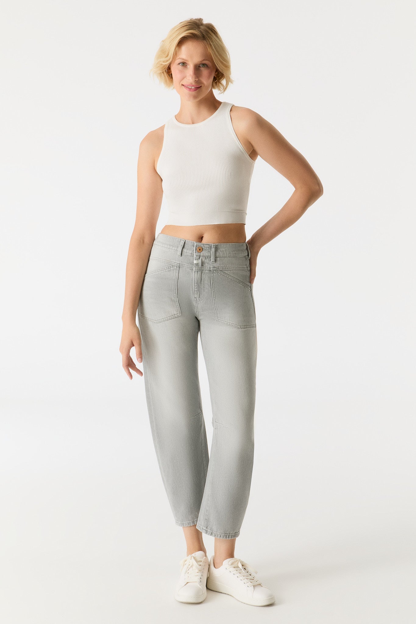 Selena Mid Waist Ankle Length Drop Crotch Patch Pocket Jeans
