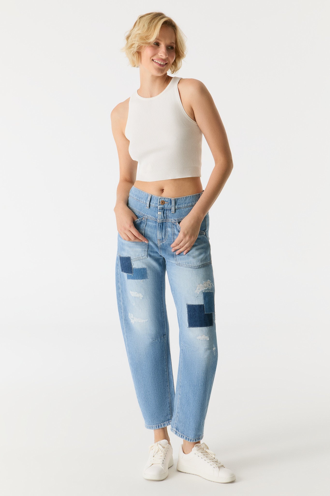 Selena Mid Waist Ankle Length Drop Crotch Patch Pocket Jeans